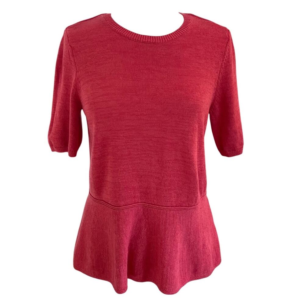 Chico's Pullover Short Sleeve Peplum Sweater, Folkloric Red, Casual Boho, Size M